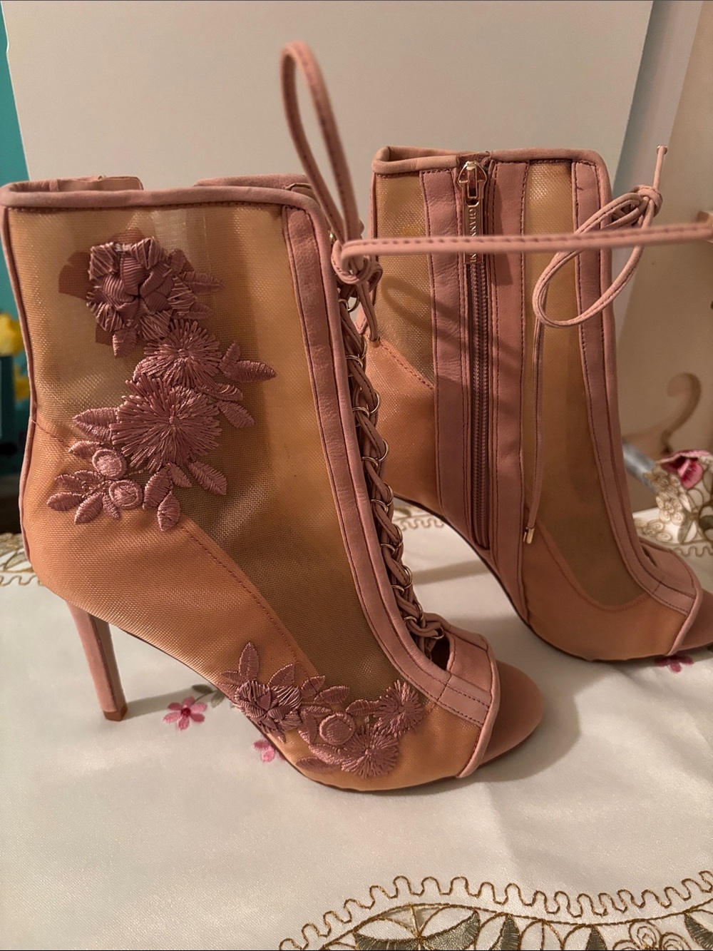 Gianni Bini Blush Pink Floral Mesh Lace-Up Ankle Booties